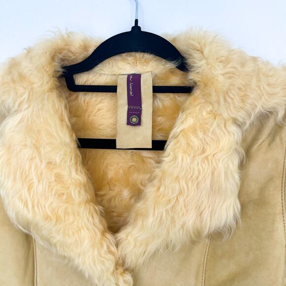 New Label SheepSkin Cream Yellow Leather Button Up shearling Jacket - Picture 4 of 15